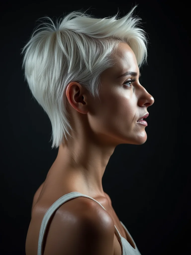 A woman in her 40s with a short cropped platinum mullet, side profile showing the close sides and longer nape, moody low-key studio lighting
