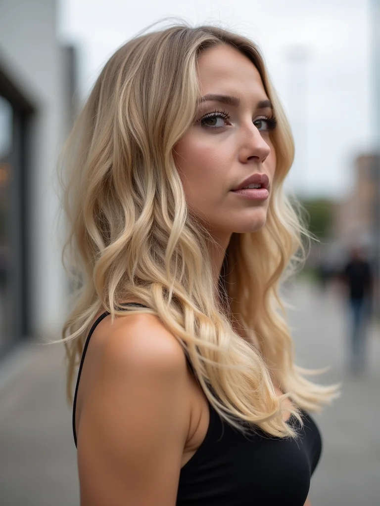 A woman with honey-blonde hair shaped into a soft long mullet, three-quarter back view showing layered length past the shoulders, overcast outdoor light