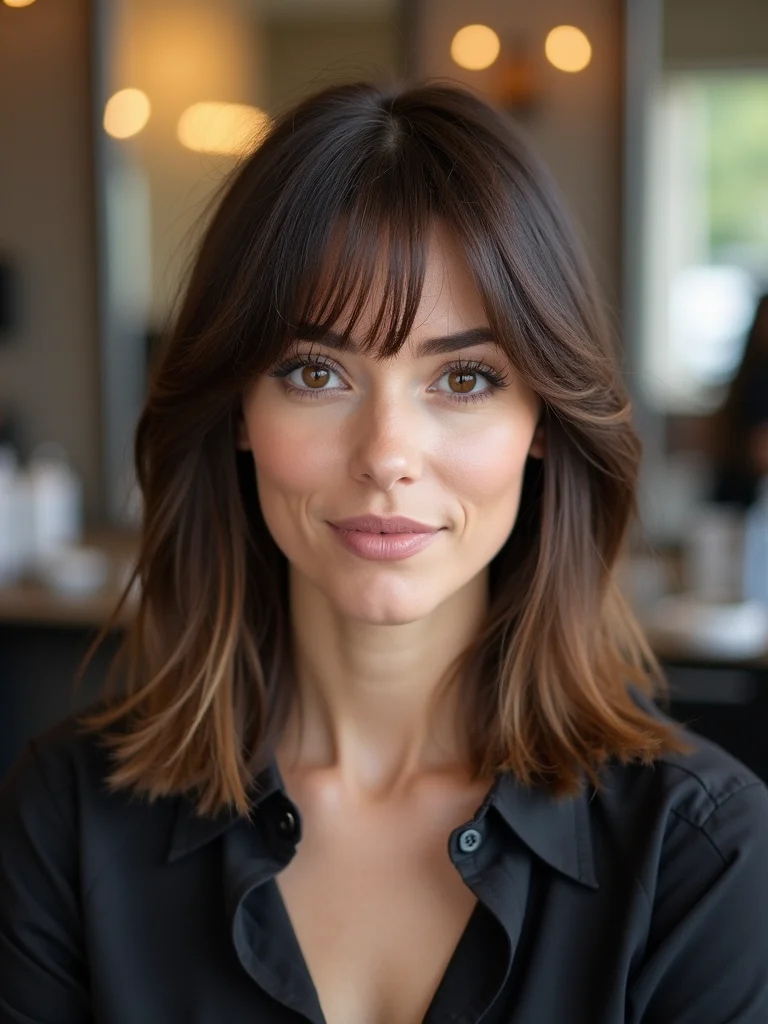A woman with fine straight hair cut into a textured mullet for added body, front view in a salon chair, even soft ring light
