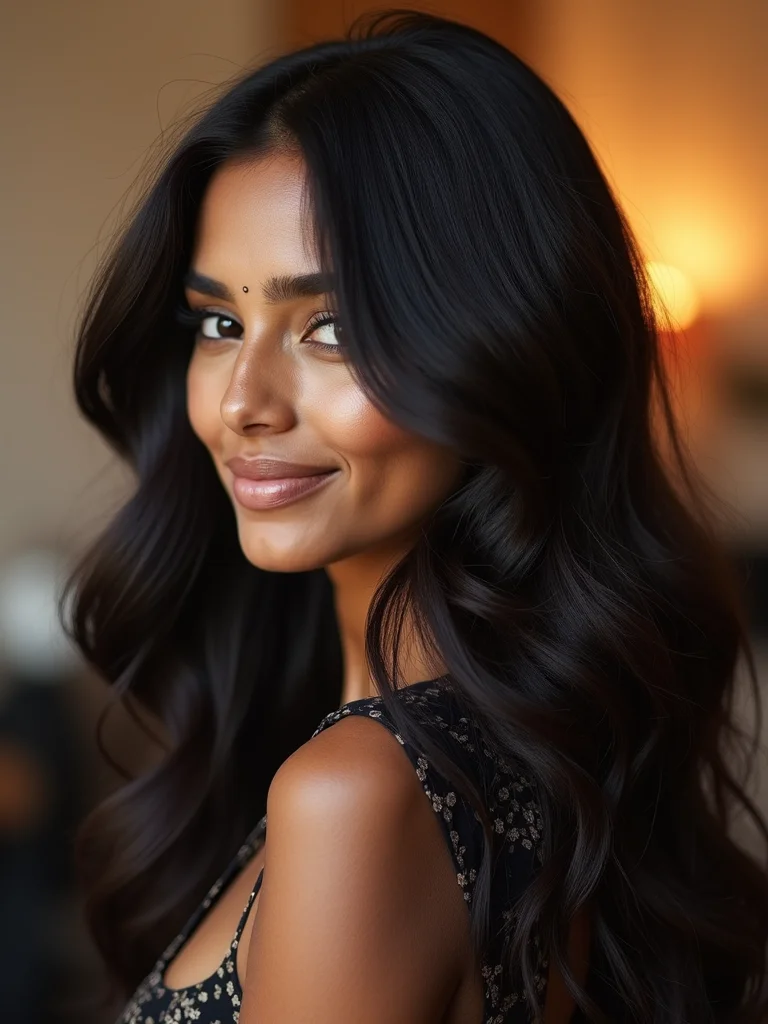 A South Asian woman with very thick dark hair in a heavily layered mullet, side view showing thinned ends and full shape, warm salon lighting