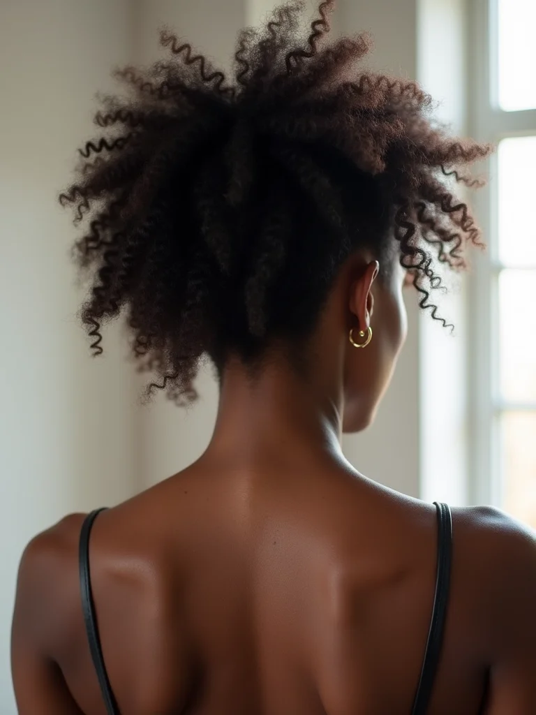 A Black woman in her 30s with a 4c coily mullet, a rounded tapered crown and longer back, back view showing the natural texture, soft window light