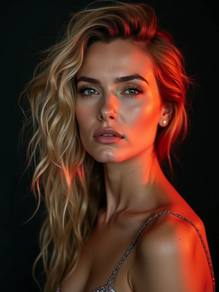 A woman with a copper and platinum money-piece mullet, vivid color framing the face, front view against a dark backdrop, dramatic editorial lighting