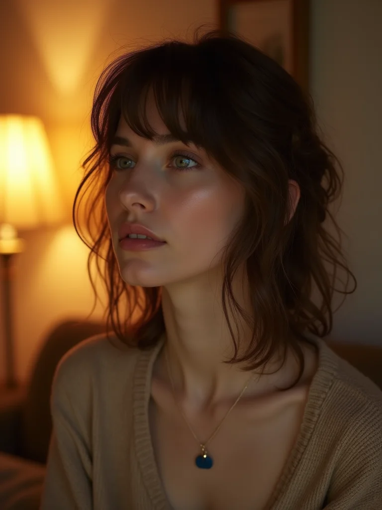 A woman in her late 20s with a subtle soft baby mullet and gentle layers, three-quarter view in a cozy lamp-lit room, warm tones
