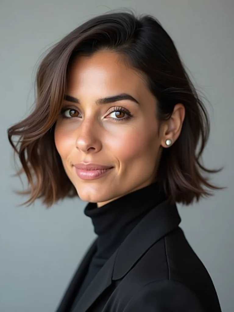 A Middle Eastern woman in her 30s with an oval face and a flattering layered mullet, clean front studio portrait, neutral grey backdrop, soft frontal light