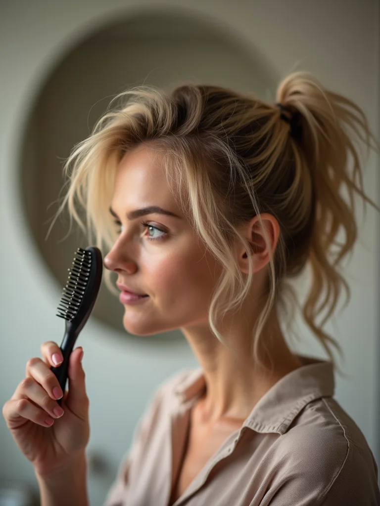 A woman styling her mullet at home with a small round brush, mirror reflection, casual morning bathroom scene, natural light