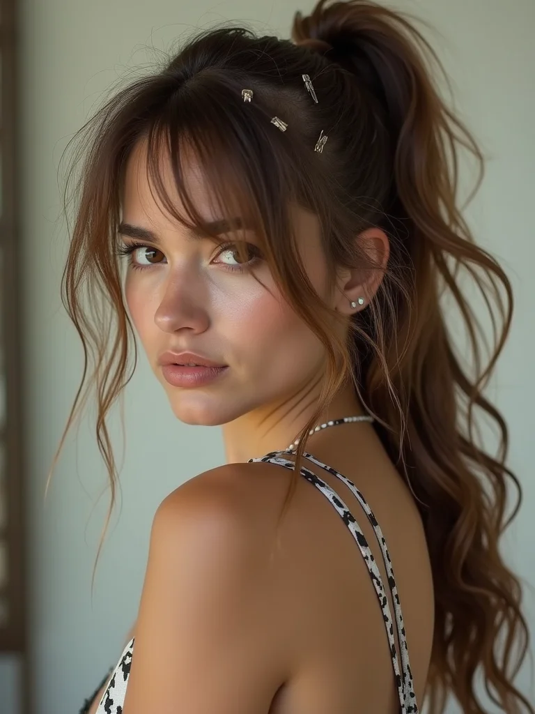 A woman with a grown-out mullet transitioning into longer layers, awkward mid-length pieces pinned back with clips, candid mirror angle, soft daylight
