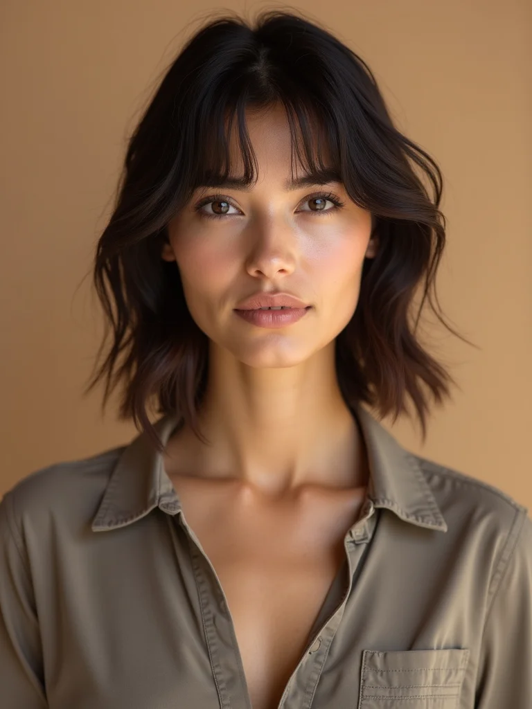 A confident woman in her late 20s with a layered modern mullet, front-facing editorial portrait, soft studio lighting on a warm neutral backdrop